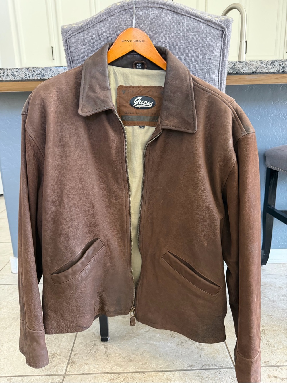 Vintage Guess Men's Brown Leather Bomber Jacket